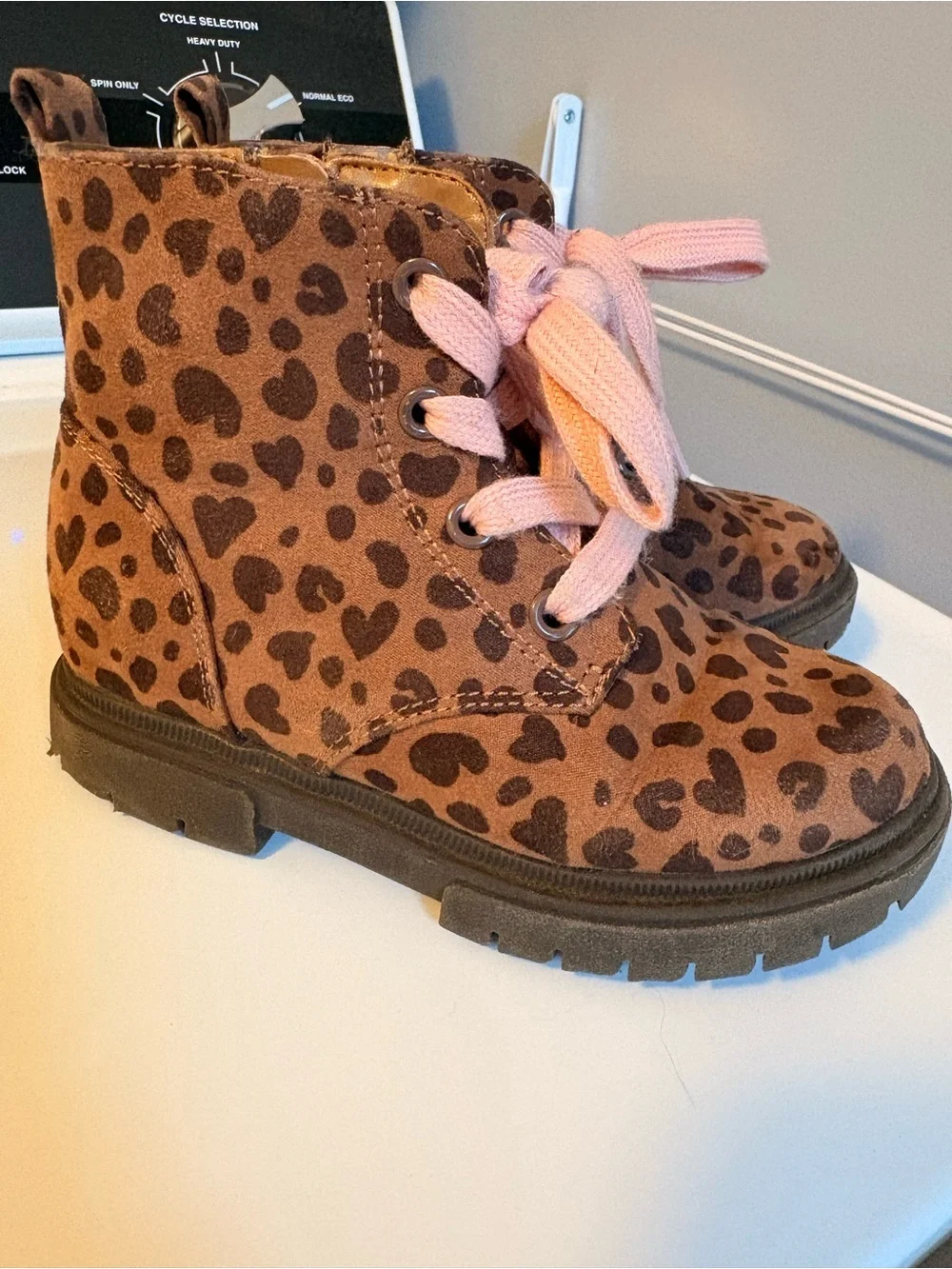 Cat & Jack Brown Heart-Print Lace-Up Boots with Pink Laces